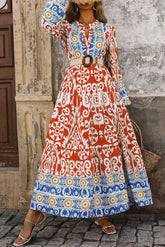 Printed Notched Long Sleeve Maxi Dress OutfitFlow